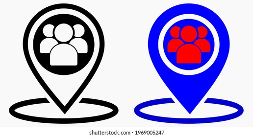 Group of people location icon. Gathering people. Place on the map of people. Vector icon.