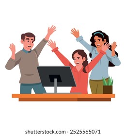 Group of people look at a computer and rejoice in success. Cartoon flat style vector illustration.