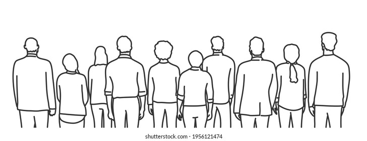 Group of people looking ahead. Back view. Hand drawn vector illustration.