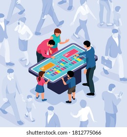 Group of people looking for information on interactive panel 3d isometric vector illustration