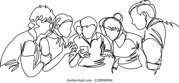 A Group Of People Looking At The Phone. One Line. Outline Vector