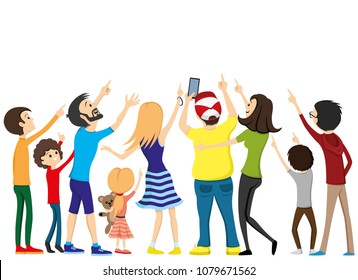 Group of people looking up and pointing with a finger.