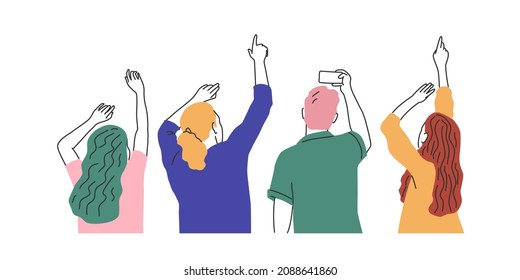 Group of people looking up and pointing with fingers. Hand drawn vector illustration. Flat style.