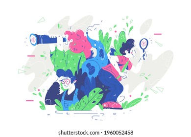 Group of people looking for something vector illustration. Man and woman in search for something using binocular equipment flat style. Explore concept. Isolated on white background