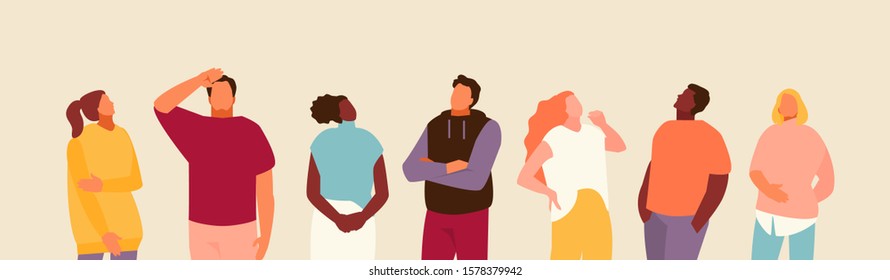 Group of people looking up. Advertising and events. Vector modern illustration