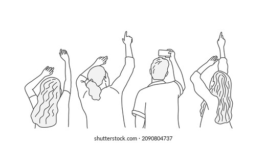 Group of people looking up. Back view. Advertising and events. Hand drawn vector illustration. Black and white.