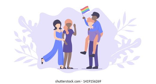 A group of people love parade. Man holding a rainbow flag. LGBT community. Human rights. LGBTQ. Flat editable vector illustration. 