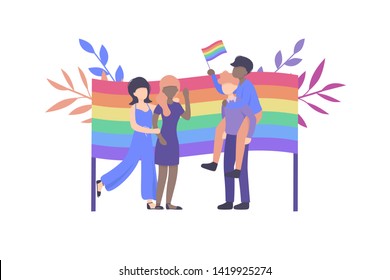 A group of people love parade. Man holding a rainbow flag. LGBT community. Human rights. LGBTQ. Flat editable vector illustration. 