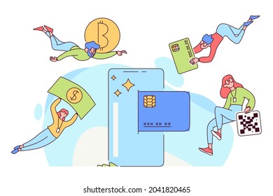 Group of people make an online virtual mobile payment system