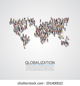 Group of people making a earth planet map shape. Globalization, population, social concept. World crowd. Vector illustration