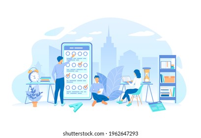 A group of people making online testing, examination. Online mobile survey testing questionnaire. Phone screen with online filling forms. Working process, teamwork communication. Vector illustration