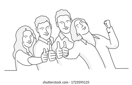 Group of people making thumbs up. Contour drawing vector illustration. Line art.