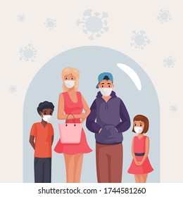 Group of people, man, woman and children in face masks standing under glass dome vector flat cartoon illustration. Quarantine, social distance, and self isolation to protect virus spreading concept.