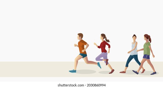 group of people man woman jogging editable vector illustration