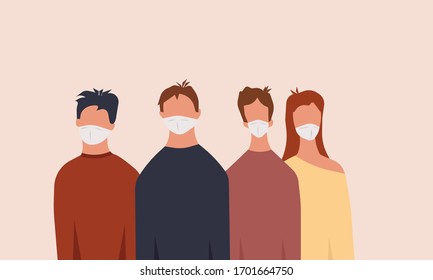 Group people man and woman with medical mask vector illustration. Face protection disease sick coronavirus. Epidemic quarantine warning pandemic character