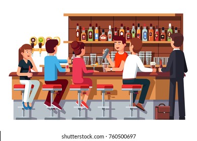 Group of people man & woman sitting at bar counter, drinking alcohol, talking. Pub bartender serving client. Barman shaking cocktail. Bar beer tap pump, stools, bottles. Flat vector illustration.