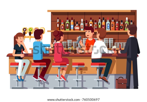Group of people man & woman sitting at\
bar counter, drinking alcohol, talking. Pub bartender serving\
client. Barman shaking cocktail. Bar beer tap pump, stools,\
bottles. Flat vector\
illustration.