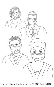 A group of people. Man and women in medical masks. Line contour drawing on a white background. Covid Prevention Concept - 19 or Coronavirus 2019 -nCov. Vector illustration
