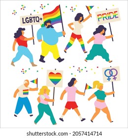 grupos de personas marchando en manifestaciones personas del día del orgullo llevando banderas de arco iris con mensajes de orgullo apoyando lemas del mismo sexo