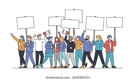 Group of people marching together holding blank signs and raising their arms in protest and demonstration