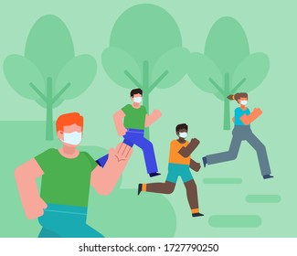 Group of people in mask running. Outdoor sports during global pandemic. Minimal design vector illustration