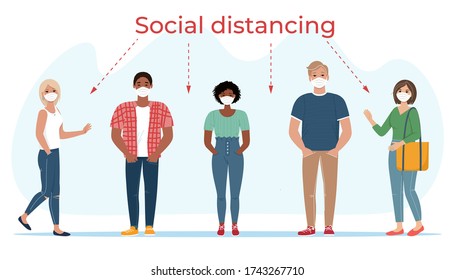 Group of people in masks. Social distancing concept after pandemic of coronavirus covid-19. Vector illustration in flat style