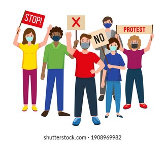 A group of people in masks standing together with banners and protesting. Male and female protesters or activists. Political meeting, parade or rally. Vector illustration on white background.