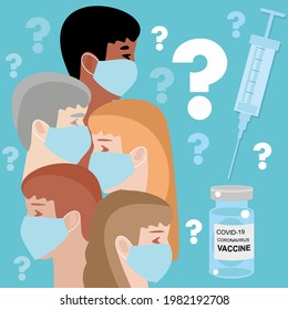 Group of people in masks. Vaccine Covid-19. Syringe. Vaccination. Vaccination myths. Questions about vaccination.