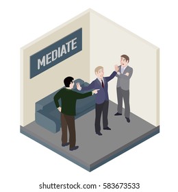 A Group Of People. Mediator And Conflict People In Mediation Room. Vector, Isometric, Illustration