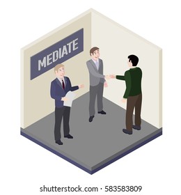 A Group Of People. Mediator And Solution Of Conflict In Mediation Room. Vector, Isometric, Illustration