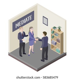 A Group Of People. Mediator And Solution Of Conflict Between Man And Woman In Mediation Room. Vector, Isometric, Illustration