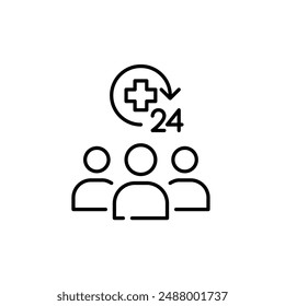 Group of people, medical cross 24 hours care. All day community healthcare. Pixel perfect vector icon