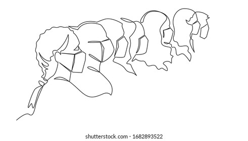 Group of people in medical face masks standing together continuous one line vector drawing. Prevention and safety procedures concept. Men and women wearing protection from virus, urban air pollution