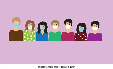 A group of people in medical face masks. Coronavirus, covid-19. Season of the virus, and quarantine. Stay safe. Illustration in a modern flat style.