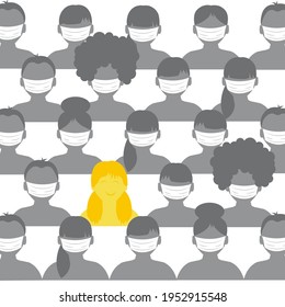 A Group Of People In Medical Masks And Among Them One Person Without A Mask. Concept Of The Right Not To Wear A Mask. One Person Without A Mask, All The Others Are Wearing Masks.Coronavirus Quarantine