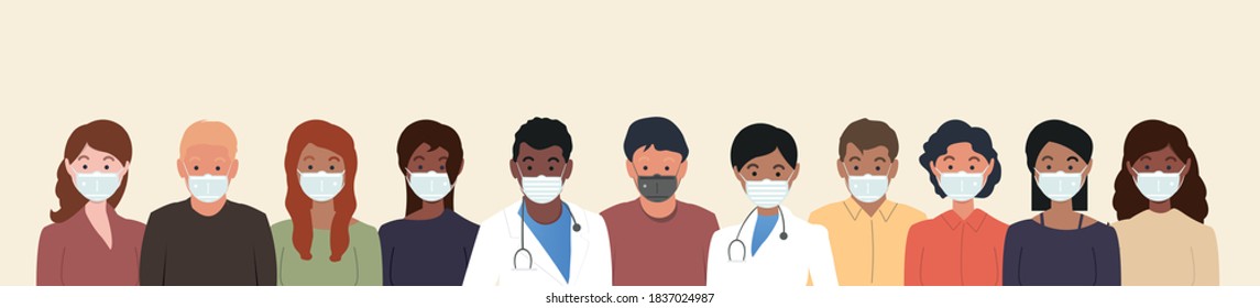 A group of people in medical masks. The doctors are in the center. Preventing the spread of infections and influenza. Vector illustration in a flat style.