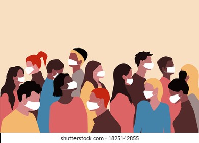 Group of people in medical masks in a flat style. Coronavirus concept. Colorful female character. Vector stock illustration.