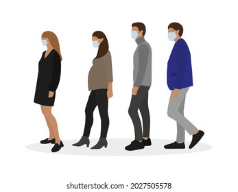 Group of people in medical masks on a white background