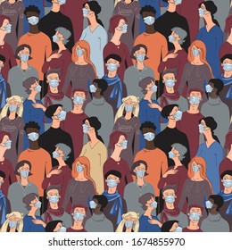 A group of people in medical masks protects themselves from the surrounding coronavirus cells. Seamless pattern. COVID-19. The symbolic image of a viral epidemic. Flat. cartoon.Vector.