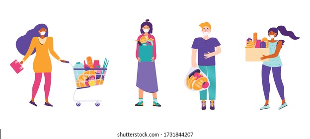 Group of people in medical protective masks keep a social distance in the store. Men and women of different ages buy food, vegetables, fruits during the coronavirus epidemic. Protection from infection