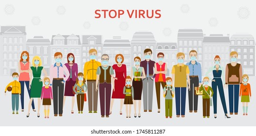 Group of people in medical protective masks. Men, women and kids in face protection wear which helps them protect themselves from the virus and other air pollution. Stop coronavirus pandemic concept