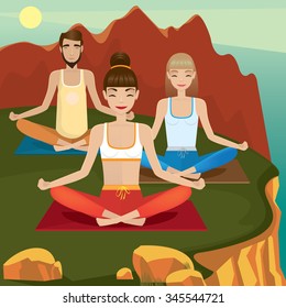 Group of people meditate in lotus pose in the mountain - mentoring and followers concept