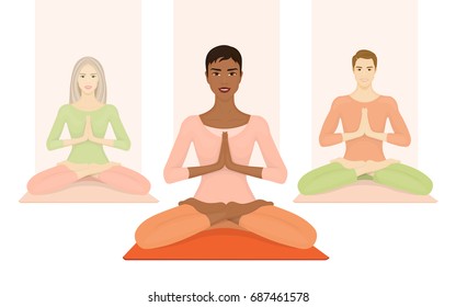 Group of people meditate in lotus pose. Yoga classes in the gym. Women and men doing sports exercises. Vector illustration