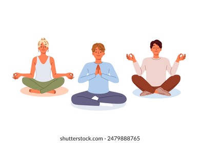 Group of people meditate sitting in lotus position, visiting yoga studio or learning buddhist practices. Woman and two men are marking to achieve harmony between soul and body or achieve zen.