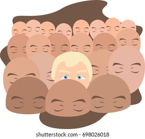 Group of people meditating with eyes closed but eyes are open of one man. Spirituality, awakening, mindfulness concept illustration vector.
