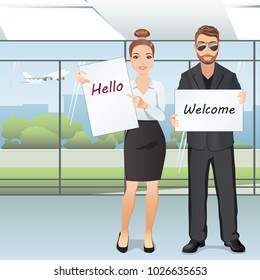 Group of people meet someone in airport hall / A woman and a man greet someone with broadsheets. Flat design, vector cartoon illustration
