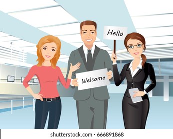 A group of people meet someone in the airport hall, welcome, hello / Flat design, vector cartoon illustration