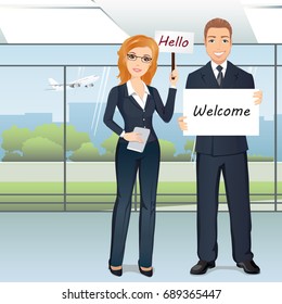 Group Of People Meet Someone In Airport Hall / A Woman And A Man Greet Someone With Broadsheets. Flat Design, Vector Cartoon Illustration