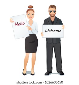 Group of people meet someone. A woman and a man greet someone with broadsheets and placard / Flat design, vector illustration, white background
