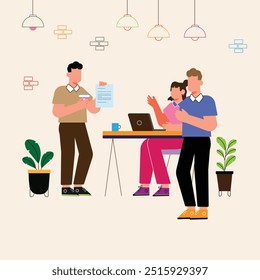 Group People Meeting Doing Project Concept. Teens eat snacks during work. Vector illustration cartoon character. Group People Meeting Doing Project Concept. Teens eat snacks during work.